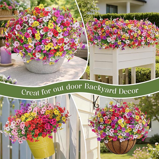 SHareconn 24 Bundles Artificial Flowers for Outdoors, Faux Plants Fake Silk Colorful Daisy Eucalyptus Lavender, UV Resistant for Outside Home Porch Patio Spring Decor, RedRosyPurpleYellowPinkWhite