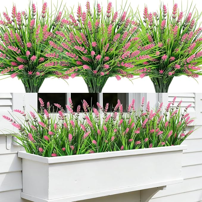 Roberly 24 Bundles Artificial Plants Outdoor, Fake Lavender Flowers UV Resistant Faux Shrubs Plastic Flowers Fake Greenery Plants for Porch Garden Window Box Home Indoor Outdoor Decorations, Pink