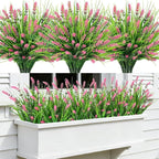 Roberly 24 Bundles Artificial Plants Outdoor, Fake Lavender Flowers UV Resistant Faux Shrubs Plastic Flowers Fake Greenery Plants for Porch Garden Window Box Home Indoor Outdoor Decorations, Pink