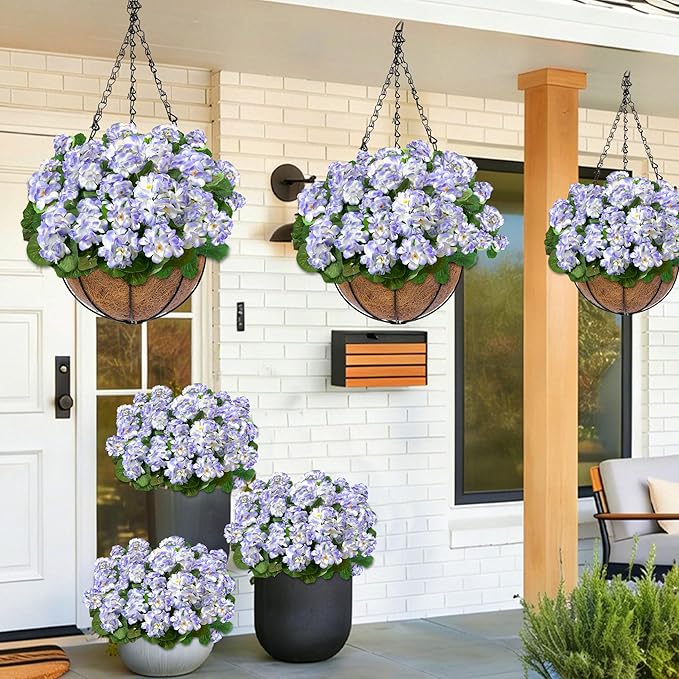 TURNMEON Artificial Geraniums Flowers for Outdoors Summer Decoration, 4 Bundles Fake Flowers Silk Purple Flowers UV Resistant No Fade Faux Plants for Planter Gardens Table Porch Indoor Cemetery Decor