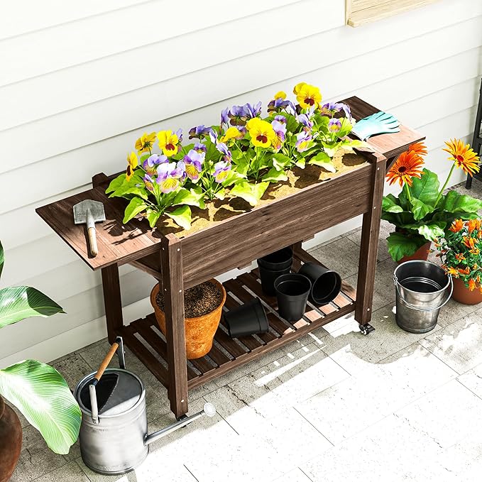Outsunny Raised Garden Bed, 57 x 20.5 x 34 in Wood Elevated Planter Box with Lockable Wheels, Side Tables and Bottom Shelf, Outdoor Raised Planter with Bed Liner and Drainage Holes, Carbonized
