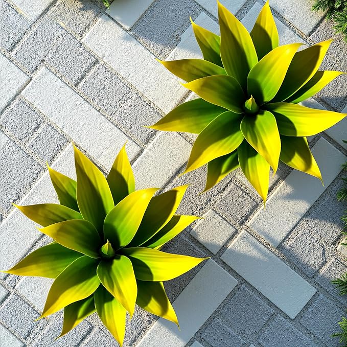 Ttranewsoo Fake Plants Artificial Agave Plants 13.8" Large UV Resistant Fake Agave Planters for Indoor and Outdoor Decorating Tropical Plant Succulents Greenery Indoor Decor (Yellow) 2Pack