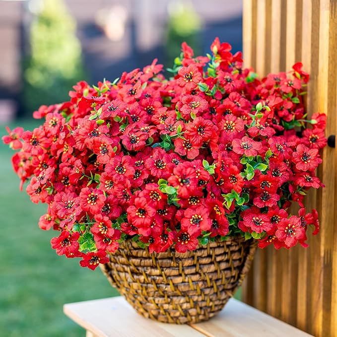 AXYLEX Artificial Flowers for Outdoors Fake Plants - 16 Bundles Faux Outside Greenery Boxwood No Fade Plastic Shrubs Fall Decor Farmhouse Home Garden Thanksgiving Mums (PureRed)