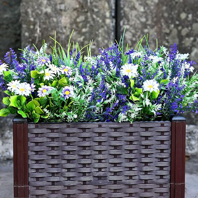 2 Pcs Artificial Potted Flowers for Outdoors - 16 Inch Large Pre-Assembly Purple Flowers Faux Plants Lavender Daisy for Outdoor Home Office Front Doors Patios Porches Yards Decor