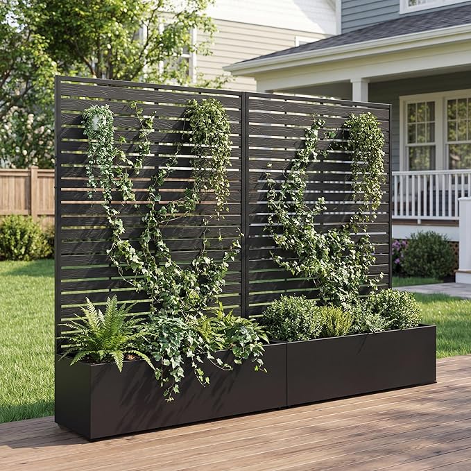 Metal Raised Garden Bed with HDPE Trellis, 45"x16"x59" Planter Box for Vegetables & Climbing Plants, Outdoor HDPE Privacy Screen Planter with Drainage Holes for Patio, Backyard, Garden