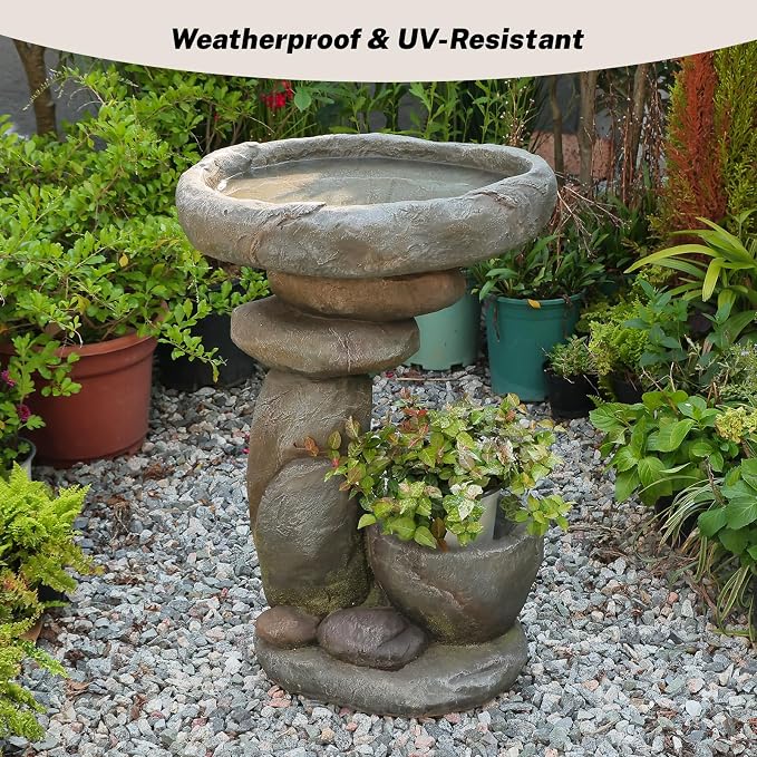 Solar Fountain for Bird Bath, Water Fountain Outdoor with Planter, Freestanding Rock Solar Waterfall with LED Lights for Garden, Patio, Yard