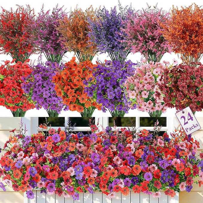 SHareconn 24 Bundles Artificial Flowers for Outdoors Decoration, Faux Plants Fake Silk Colorful Daisy Eucalyptus Lavender, UV Resistant for Outside Home Porch Indoor Spring Decor, 6 Colors incl. Brown