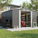 11x13 Metal Storage Shed Outdoor Steel Garden Tool Shed with Sliding Door, Large Utility Shed, Metal Shed for Backyard, Patio Yard Lawn, Grey
