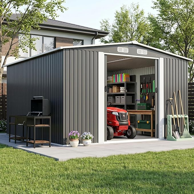 11x13 Metal Storage Shed Outdoor Steel Garden Tool Shed with Sliding Door, Large Utility Shed, Metal Shed for Backyard, Patio Yard Lawn, Grey