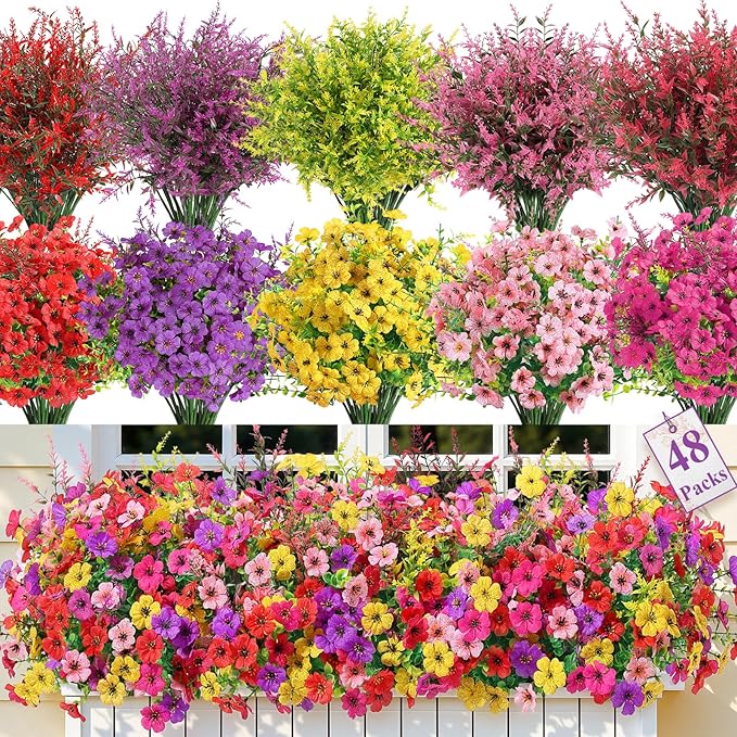 SHareconn 48 Bundles Artificial Flowers for Outdoors Decoration, Faux Plants Fake Silk Colorful Daisy Eucalyptus Lavender, UV Resistant for Outside Home Porch Patio Indoor Spring Decor, Mix 5 Colors