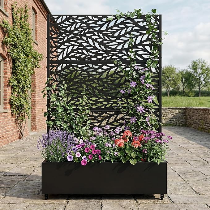Casaphoria Metal Raised Garden Bed with Trellis and Wheels, 72"x47"x16" Planter Box for Climbing Plants, Vegetables & Vines, Features Drainage Holes and Privacy Screen (Black-Spring)