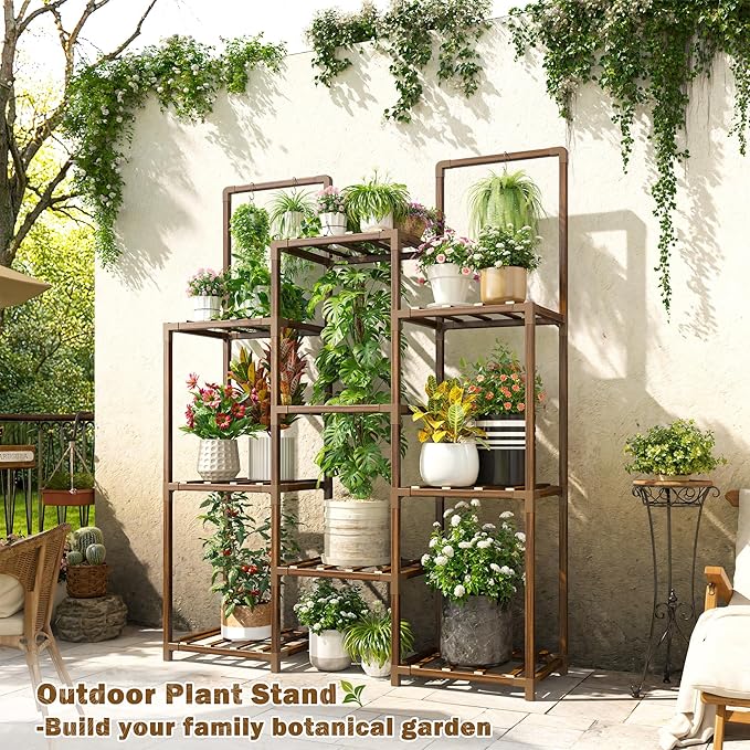 EnHomee Plant Stand Indoor Tall Plant Stand Outdoor Large Wood Plants Shelf with 10-12 Pots for Patio, Living Room, Garden, Balcony, 34.2 Wx47.6 Hx11.78 D