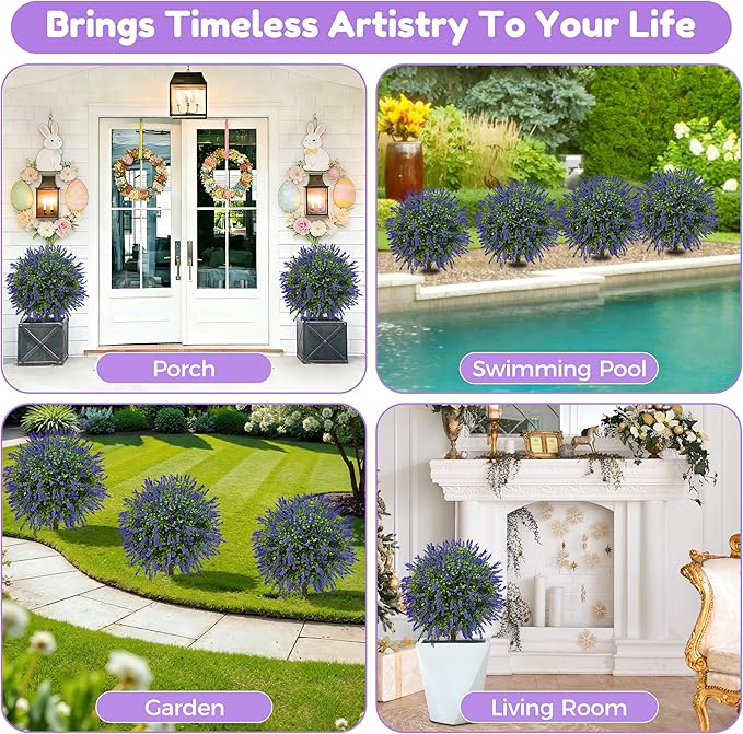 21.6 Inch Artificial Lavender Boxwood Topiary Ball Trees, Set of 4 Fake Shrub Bushes with Ground Spike, UV Resistant Faux Greenery Outdoor Plants for Garden, Patio, Porch, Yard & Indoor Decor