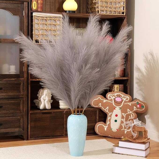 Premium Faux Grey Pampas Grass – 43.3" Tall Fluffy Neutral Decor, 8pcs 18-Branch One-Piece Stems No Assembly, Luxury Silk-Feel Feather Flowers for Modern Minimalist Scandinavian Decor,8 Stems110cm