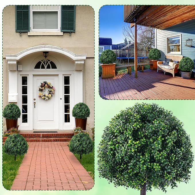 28 Inch Artificial Boxwood Trees, 2 Sets Faux Boxwood Topiary with Spikes, Pot Filler Fake Shrubs Plants for Outdoor Planters, Round Topiary Bush Balls Front Porch Home Garden Spring Decor