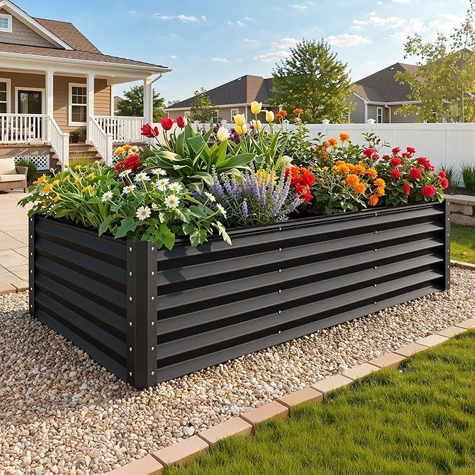 YITAHOME 8x4x3ft Large Raised Garden Bed Kit, Galvanized Metal Planter Box with Gloves, Support Rod & Safety Rubber, Outdoor Above Ground Planters for Plants Vegetables Flowers, Black