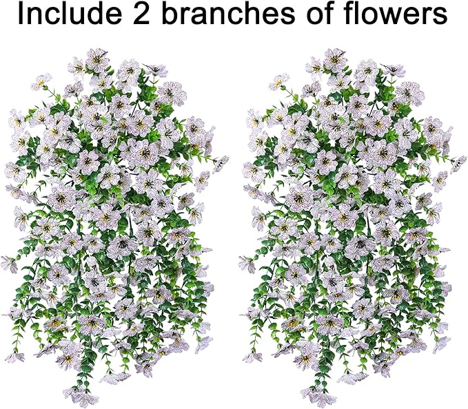 INSPRING Artificial Faux Outdoor Outside Flowers Plants, 2 PCS Fake Silk UV Resistant Look Real White Daisy Trailing Vines for Front Door Porch Planter Urn Patio Balcony Decoration