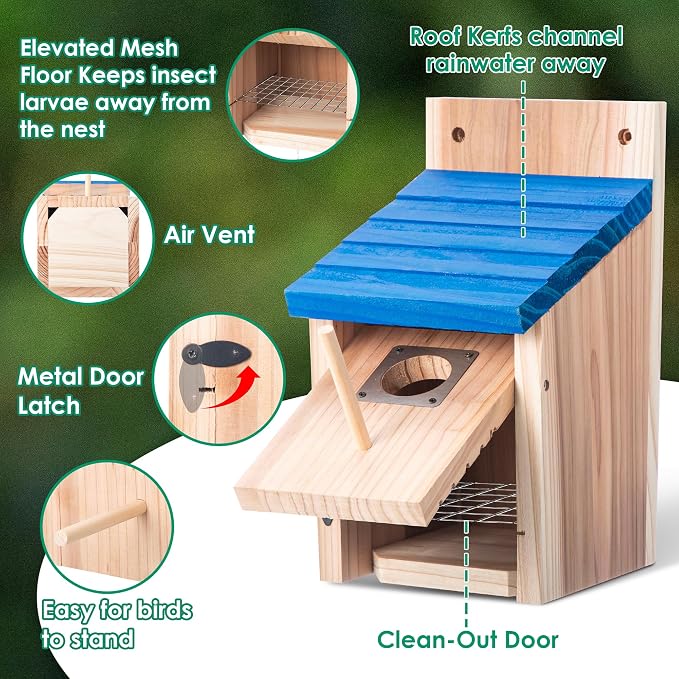 Dreyoo Cedar Bluebird Box Houses for Outside, 1-1/2'' Entrance Hole Wooden Bird Houses with Metal Guard, Secure Latch, Fledgling Grooves, Air Vents for Bluebird Wren Swallow (2 Pack)