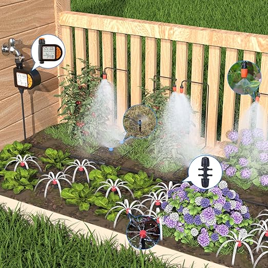 Automatic Drip Irrigation System Kit - 226FT with LCD Timer, 3 Sprayer Types Automatic Garden Watering System, 1/2 Inch Hose 1/4 Inch Distribution Tubing Garden Watering Solution for Outdoor Plants