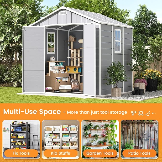 UDPATIO Resin Storage Shed 8 x 6 FT, Outdoor Garden Sheds with Floor Plastic Patio Outdoor Storage Shed with Lockable Door, Gray White