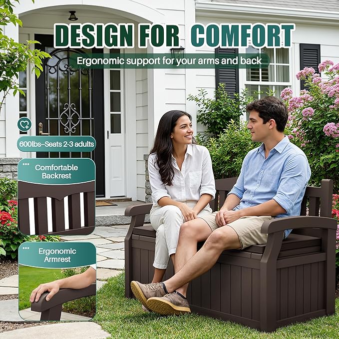 Devoko 80 Gallon Storage Bench with Cushion, Lockable Deck Box for Patio Furniture, Garden Decor and Outdoor Seating for Cushions, Garden Tools and Pool Supplies (Dark Brown, 80 Gallon with Cushion)