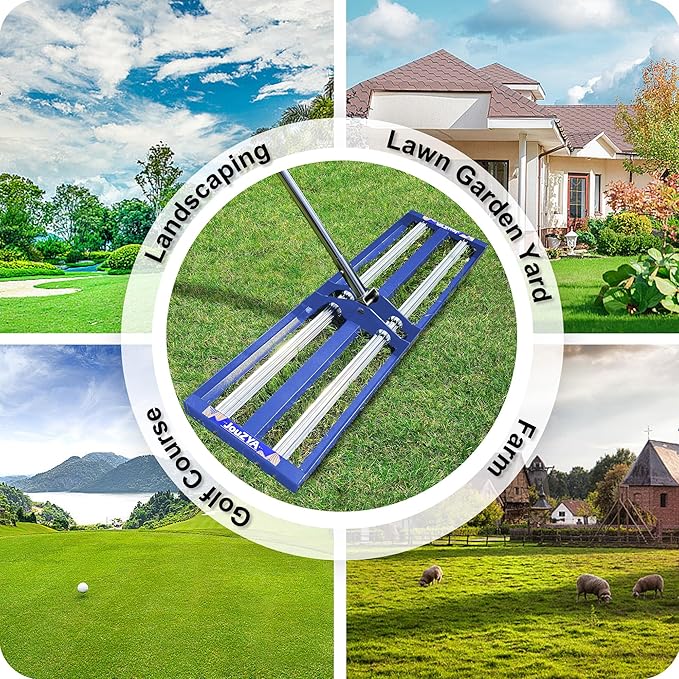Updated Lawn Leveling Rake 30"x10", Lawn Leveler with Aluminum Rollers, Yard Leveling Rake Stainless Steel with 27-80" Adjustable Handle, Heavy-Duty Ground Leveler Suit for Garden,Golf,Lawn,Farm,Blue