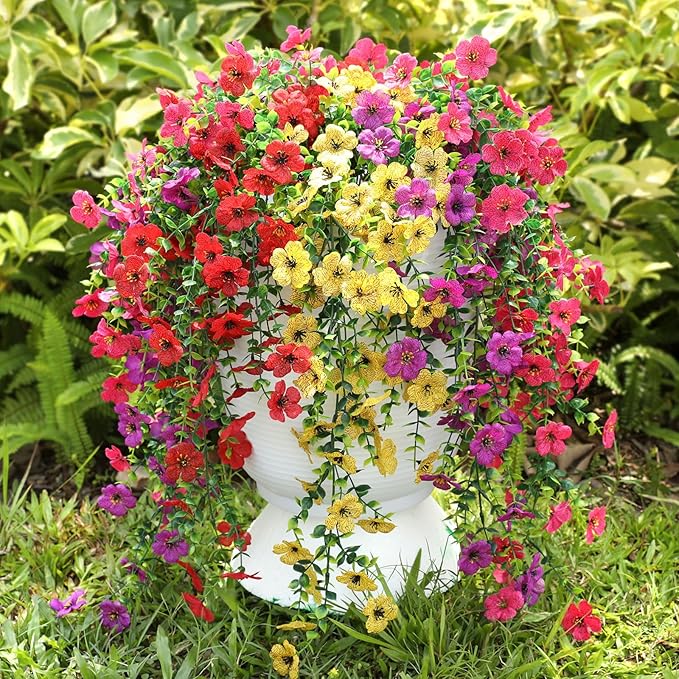 Artificial Flowers for Outdoors Spring Decor, 6 Bundles UV Resistant Realistic Faux Silk Hanging Flowers, Fake Plants for Planter Indoor Outside Garden Porch Patio Balcony Yard Farmhouse