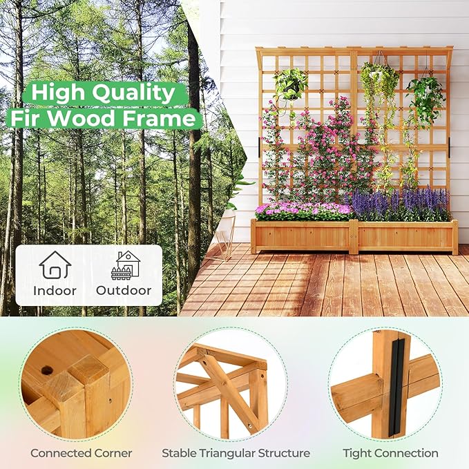 Giantex Large Raised Garden Bed with Trellis & Roof, 72" Wooden Garden Bed, High Trellis for Plant Flower Climbing Pot Hanging, Indoor & Outdoor Planter Box for Yard, Garden, Balcony