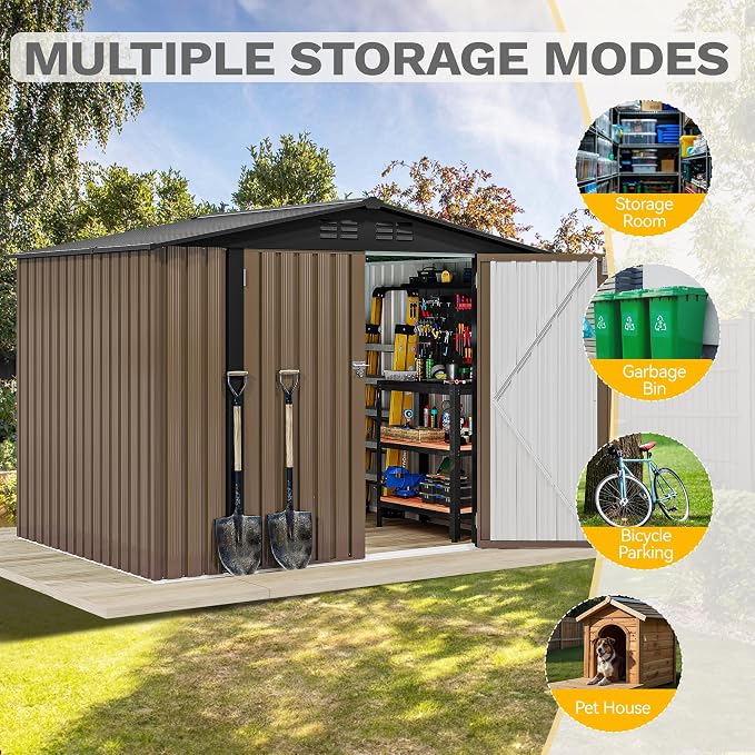 DWVO 7x5ft Metal Outdoor Storage Shed, Waterproof Tool Shed Heavy-Duty Storage Unit with Lockable Door and Vents, Ideal for Bicycles, Tools, Lawnmowers, Backyards, Patios, Lawns - Brown