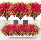 Artificial Flowers for Outdoors 12 Bundles Artificial Petunias Fake Flowers UV Resistant Shrubs Plants with Fern for Indoor Outside Hanging Planters Home Garden Summer Decorations(Rose Red)