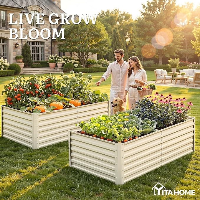 YITAHOME 6x3x2ft Large Raised Garden Bed Kit, Galvanized Metal Planter Box with Gloves, Support Rod, Outdoor Above Ground Planters for Plants, Vegetables, Flowers, Cream Yellow