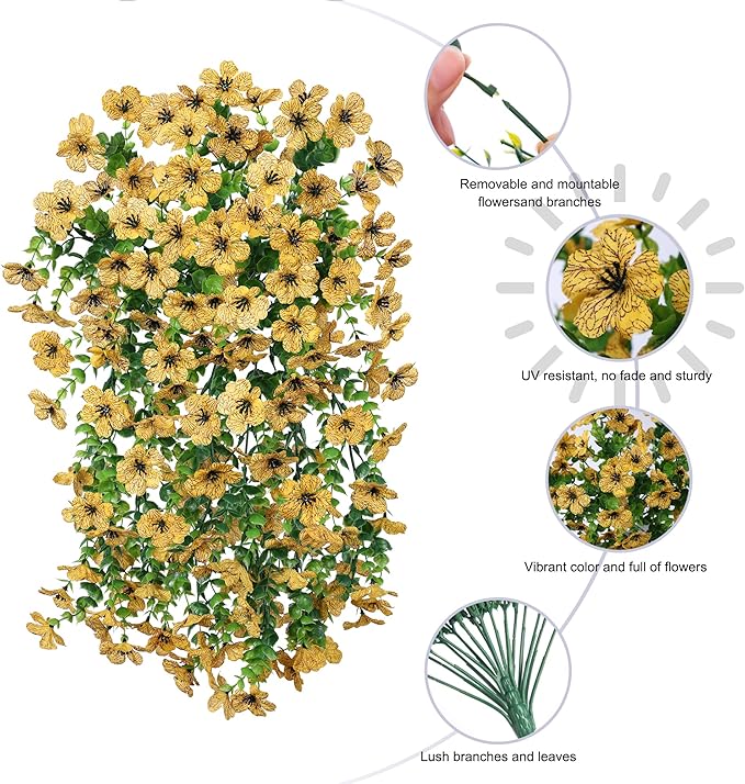 HyeFlora Artificial Hanging Flowers for Outdoors Decoration, 2pcs Fake Daisy with Eucalyptus Leaves for Garden Yard Porch (Yellow)
