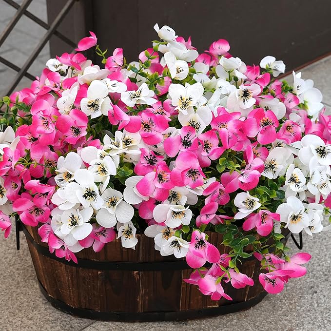 Artificial Flowers for Outdoor, UV Resistant Fake Silk Pansies Flowers, Realistic Faux Plants for Outside Indoor Porch Patio Window Box Planter Home Decor (16, White Pink)