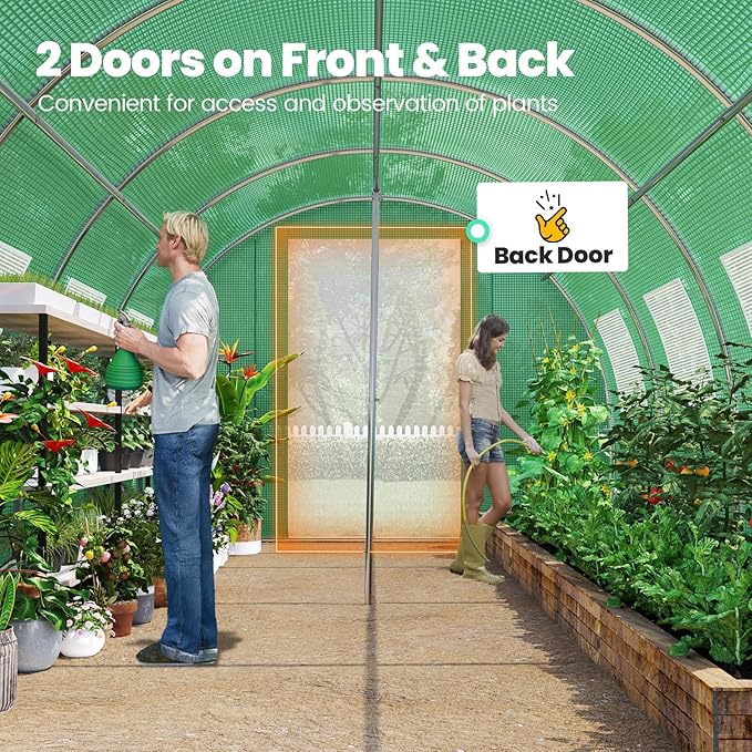KING BIRD Premium 25x10x6.6FT Greenhouse for Outdoors, Large Walk-in Upgraded Galvanized Metal Frame, Mesh Door Screen Window Improved Zipper Tunnel Hoop for Garden Plant Winter, 2 Stiffeners, Green