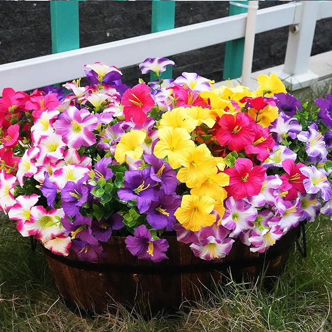 Artificial Flowers for Outdoors Fake Plants Outside Decoration, 12 Bundles Silk Petunia with Eucalyptus UV Resistant Realistic Faux Flowers for Outdoor Planters Garden Balcony (6 Color)