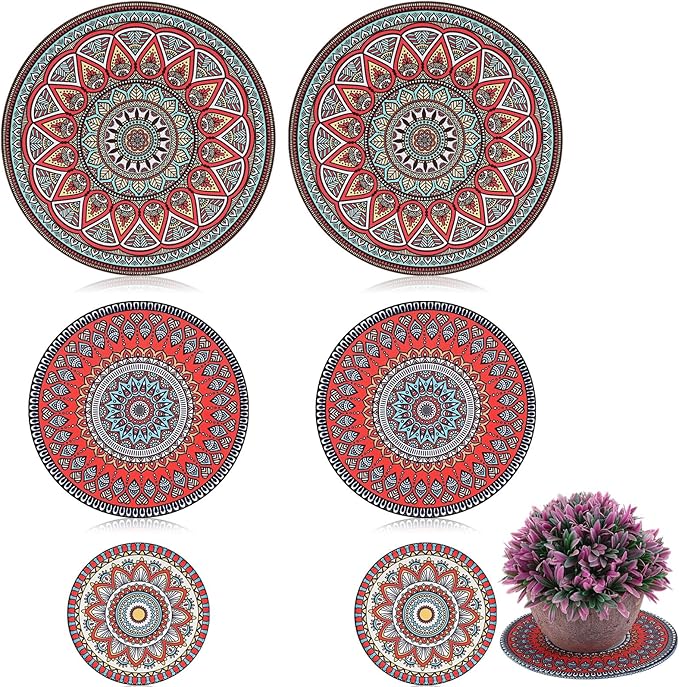 Nuanchu 6 Pcs Boho Plant Pot Mat 3 Sizes Absorbent Non Slip Pots Pad Round Plant Coaster Mat Gardening Indoor Outdoor Flower Plant Protect Mat