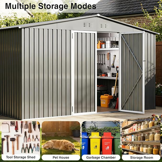 12 x 10FT Sheds & Outdoor Storage, Grey Metal Waterproof Storage Shed with Door and Lock Outdoor Shed,All-Weather Shelter for Bike, Gardening Tools, Lawn Mowers