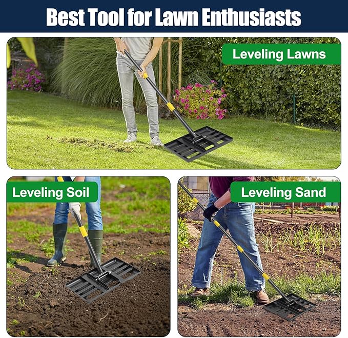 80" Heavy Duty Lawn Leveling Rake - 17x10in Stainless Steel Grading Tool with Ergonomic Adjustable Handle | Professional Grass Soil Leveler for Golf Courses, Backyards & Sports Fields