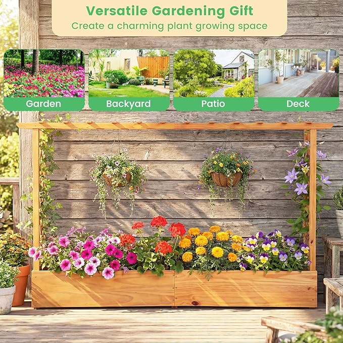 LDAILY Raised Garden Bed with Trellis, Above Ground Garden Bed with Hanging Roof, Side Trellis, & 6 Drainage Holes, Planter Box for Outdoor Climbing Plants Vines Flowers
