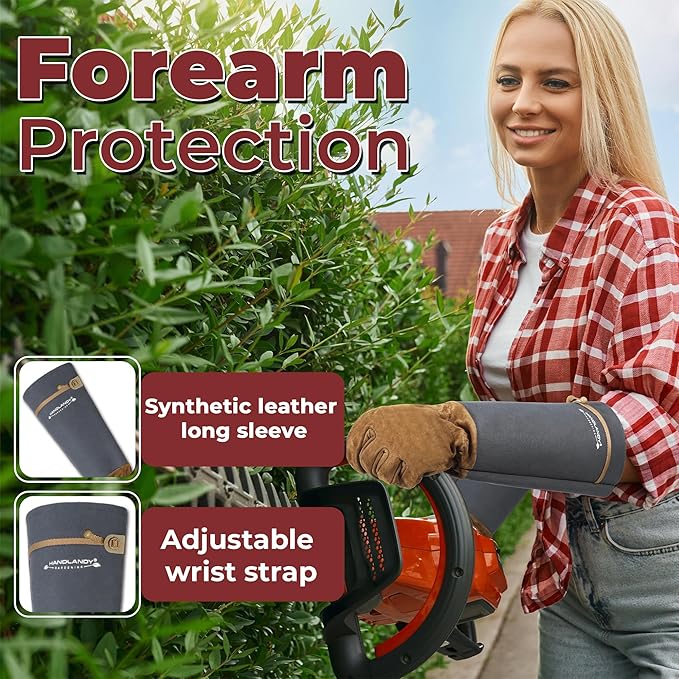HANDLANDY Long Gardening Gloves for Men & Women, Pigskin Leather Rose Pruning Gloves, Breathable Thorn Proof Gauntlet Glove (Steel Gray, L)