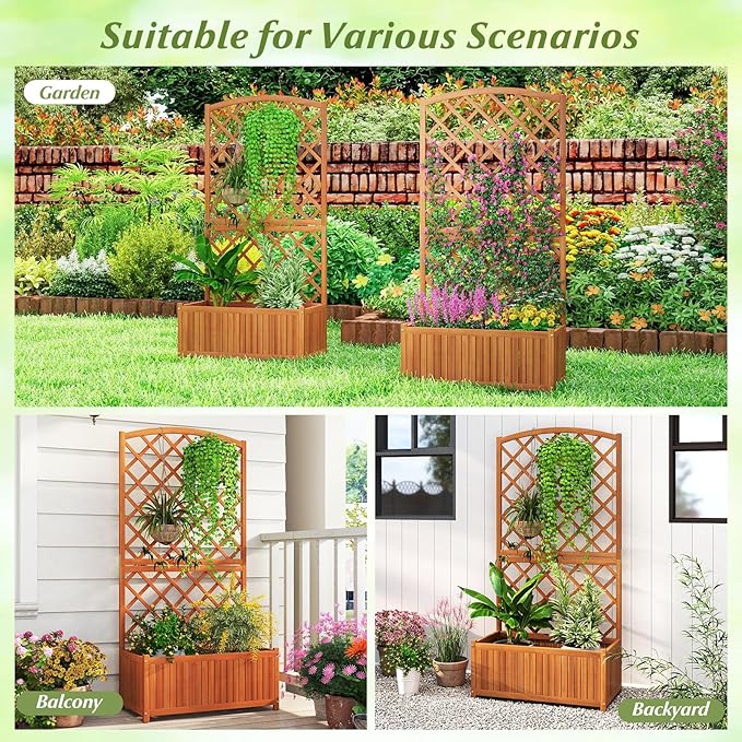 Giantex Solid Acacia Wood Planter Box with Trellis, 63" Raised Garden Bed with Trellis, Plant Box, Slat Base, Outdoor Privacy Planter for Vine Climbing Plants Flowers, Garden, Patio, Balcony