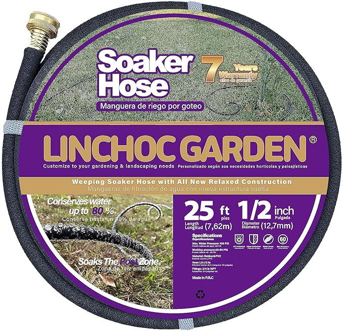 LICNCHOC GARDEN Soaker Hose 25ft,1/2 INCH Flexible Durable Garden Hose for Efficient Watering, Leak-Proof Design 100% Recycled Rubber,Ideal for Lawns,Gardens & Flower Beds