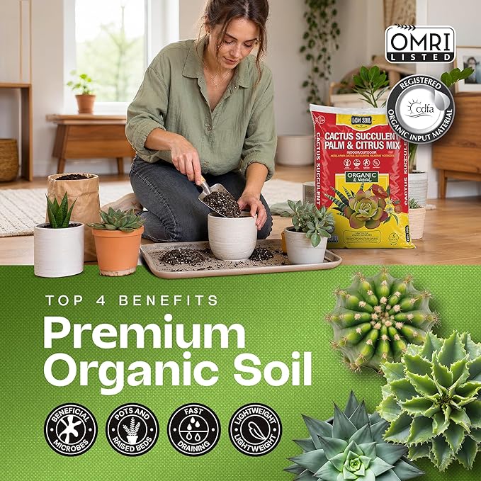 Premium Cactus & Succulent Soil Mix (0.5 Cu Ft) – Root Rot Protection with Volcanic Ash & Chicken Manure – Fast Draining Mix for Indoor Plants, Aloe, Citrus, & Palms – Organic, Ready-to-Use
