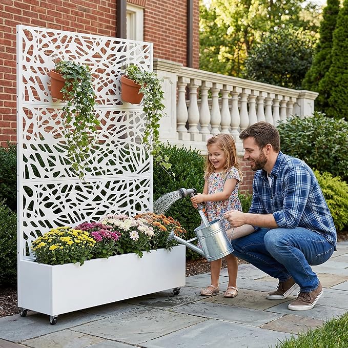 Casaphoria Metal Raised Garden Bed with Trellis and Wheels, 72"x47"x16" Arched Planter Box for Climbing Plants, Vegetables & Vines, Features Drainage Holes and Privacy Screen, White-Net