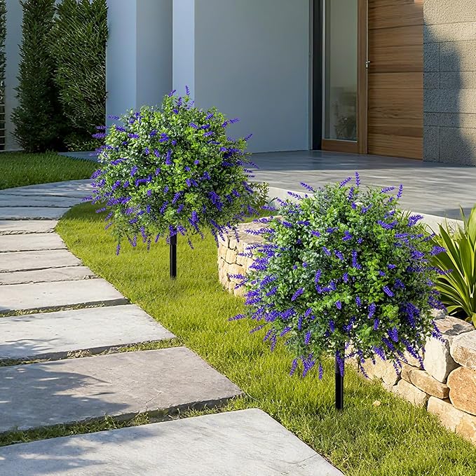 Bailikang 2PCS Artificial Lavender Boxwood Topiary Ball Bush with Ground Spike Fake Evergreen Shrubs Bushes Plants UV Resistant Faux Greenery Shrubs, Fake Green Boxwood Plants for Garden, Yard, Porch