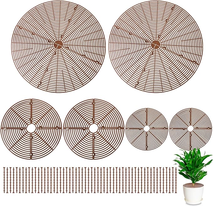 Newtay 6 Pcs Plant Pot Grid Soil Protector Covers Cuttable Flower Protector from Animals Cat Digging Stopper Plant Pot Cover with Stakes for Indoor Outdoor Gardening (20.5 +11.8+7.5 Inch,Brown)