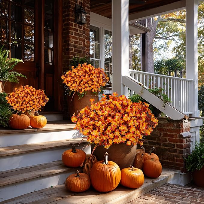 Artificial Flowers Outdoor Shrubs - Fake Plants UV Resistant No Fade Faux Plastic Greenery Home Garden Porch Patio Decoration Office Indoor (Orange)