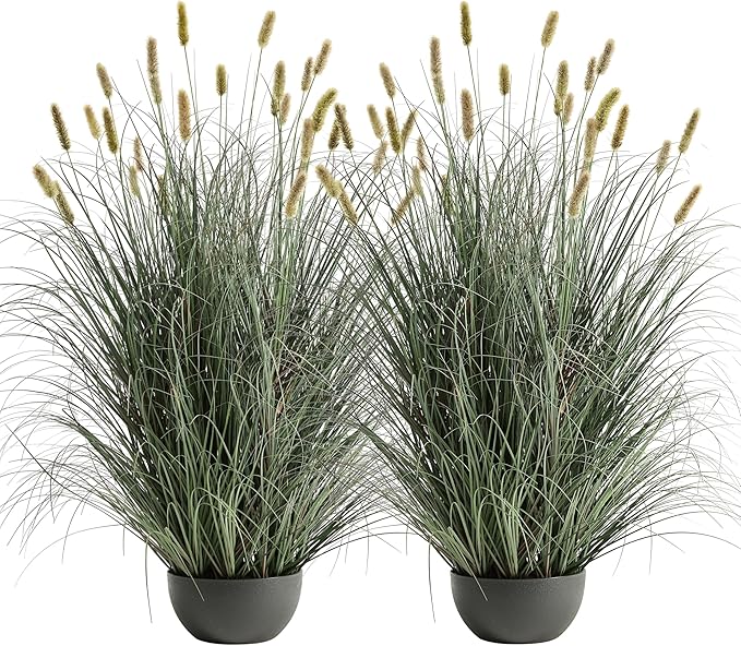4ft Onion Grass Set of 2, Artificial Plant and Greenery, Fake Floor Plants Indoor Outdoor, Potted Faux Green Bristlegrass with Spikes, Large Size Horsetail Reed Grass, House Decorative