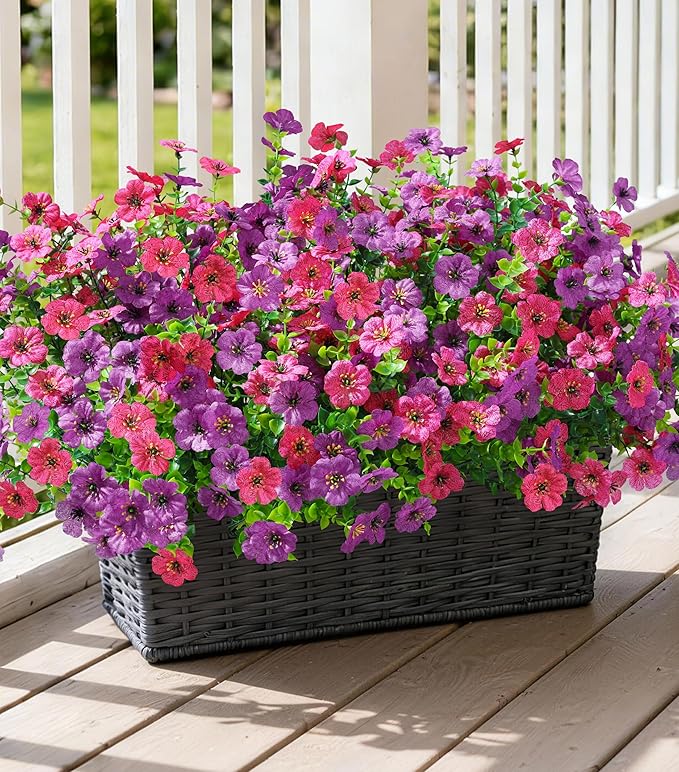Ivydale Artificial Flowers for Outdoor 24 Bundles Fake Mums with Eucalyptus Leaves UV Resistant Silk Faux Daisy Flower Plant for Outside Home Porch Patio Window Box, Purple Rose Mixed