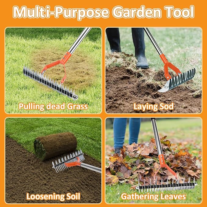 Thatch Rake -15 Inch Dethatcher Rake with Adjustable Handle, Efficient Steel Metal Rakes with Handle,Heavy Duty Thatching Rakes for Lawn,Garden, Yard